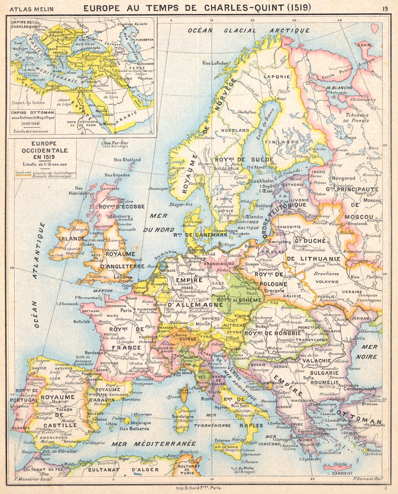 EUROPE.Temps de Charles-Quint 1519; Inset Empire Ottoman 1520-1556 1900 map